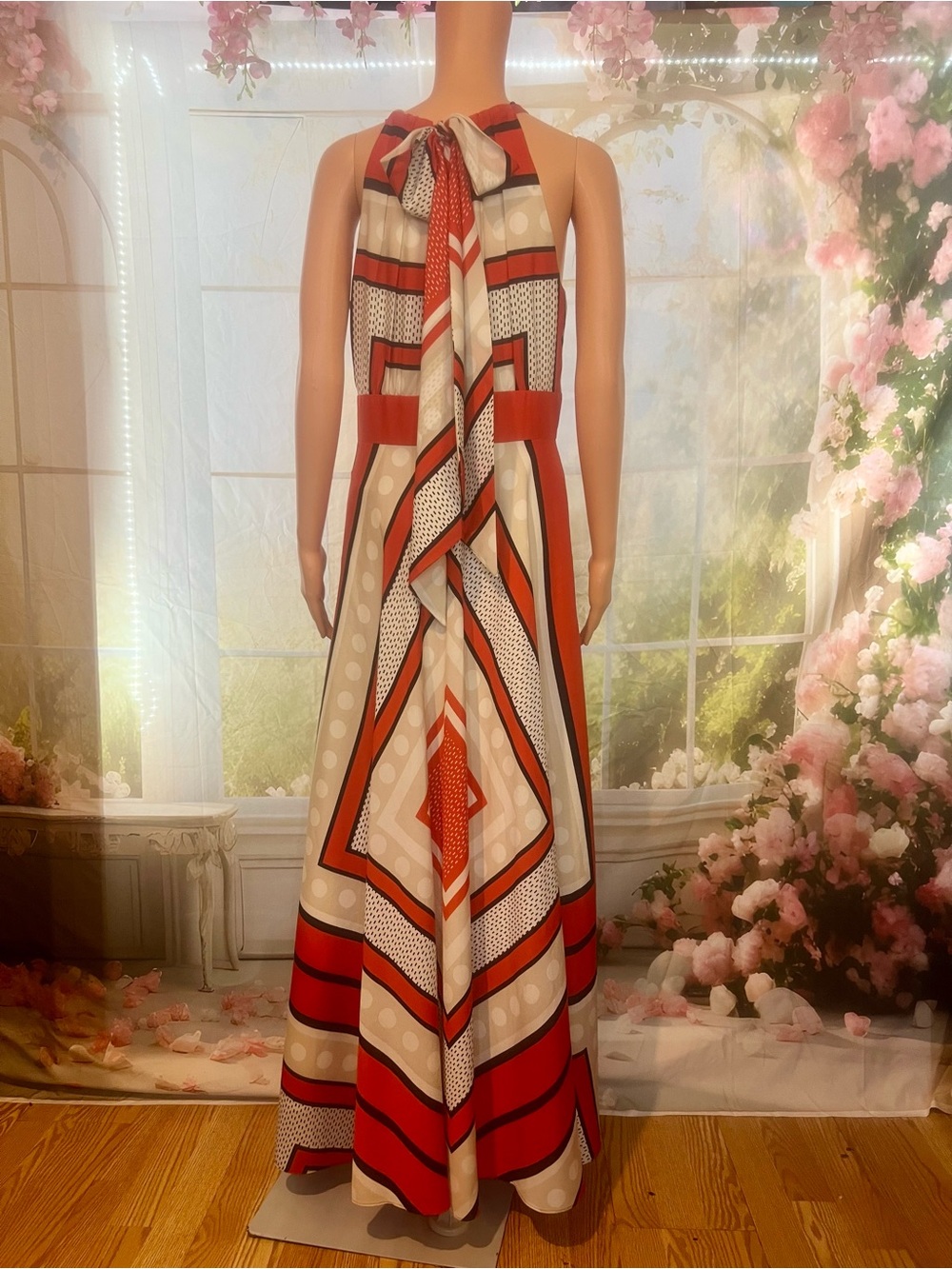 Eliza J Orange and Cream Geometric Halter Maxi Dress - Picture 2 of 6